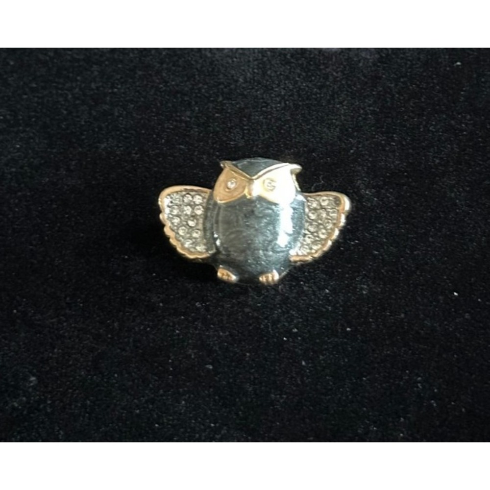 Vintage OWL Small Black‎ Enamel White Rhinestone Gold Tone Brooch Halloween